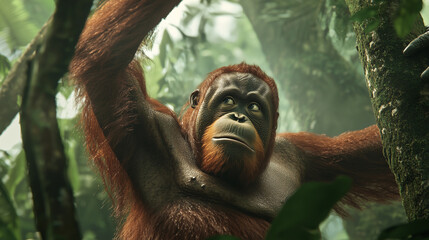 Orangutan swinging in lush rainforest with monkeys watching