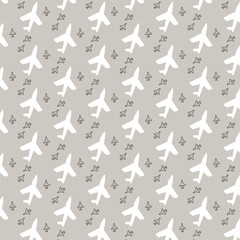 Seamless vector pattern. White and black outline texture with airplane icon pattern