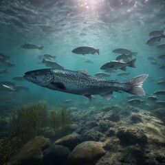 A large healthy Atlantic salmon broodfish in the deep Atlantic Ocean, hyper-realistic style