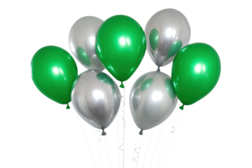 Green and silver balloons isolated on transparent background. Seven balloons, three green and three silver, suspended in air, tethered by strings. Balanced composition, symmetry, festive atmosphere.