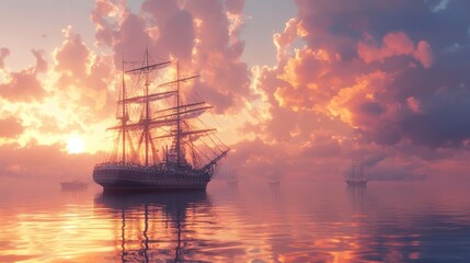 Fototapeta premium A majestic sailing ship glides across the calm waters of the ocean, silhouetted against a breathtaking sunrise, with a dreamy, soft light illuminating the sky and the distant horizon.