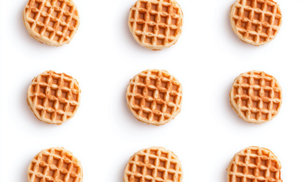 A flat lay arrangement of small round waffles on a white background, showcasing their golden-brown color and grid pattern.