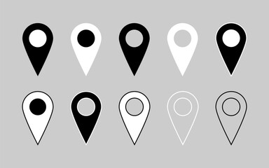Location icon set. Flat icon set of location and map pins. Map pin place marker. Location pointer icon symbol in flat style. Position symbol. Point illustration sign collection.