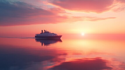 Obraz premium A ship sails through a calm sea at sunset, with vibrant pink and orange clouds in the sky, reflected in the water.