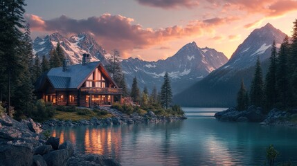 Fototapeta premium A cozy wooden cabin sits on the edge of a serene lake with snow-capped mountains in the background, lit by the warm glow of the setting sun.