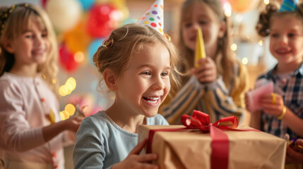 Joyful Birthday Celebration with Kids Unwrapping Gifts and Festive Decorations