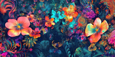 Vibrant floral explosion: colorful abstract flowers in a swirling fantasy design
