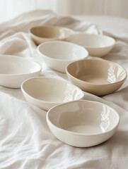 collection of ceramic bowls with a textured finish. sense of comfort and coziness.