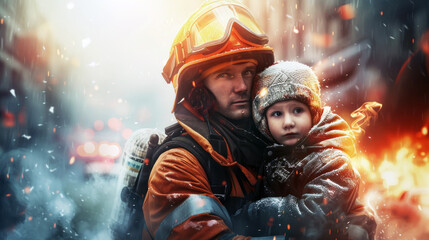 a firefighter carrying a child to safety during a wildfire evacuation, with the background filled with smoke and flames