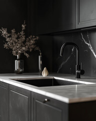 A sleek and stylish kitchen sink with a matte black faucet, set against a backdrop of marble countertops and dark cabinetry.