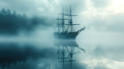 Fototapeta premium A tall ship sails through a dense fog, its reflection visible in the still water.