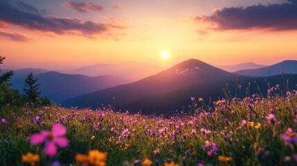 A breathtaking sunset over a mountain range, with a field of wildflowers in the foreground.