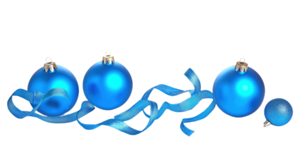 Blue ribbon decoration with single blue ball isolated on isolated transparent background. Vibrant blue ribbon adds whimsy, ball seems to float in air, stark white provides contrast. Alpha mask.