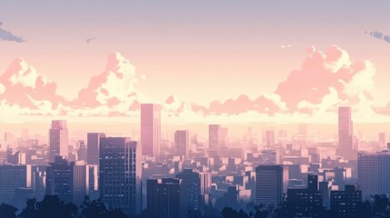 Tranquil sunset over expansive cityscape with modern high-rise buildings