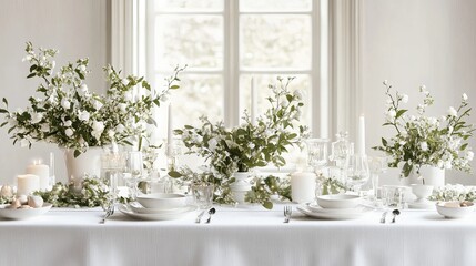 Stunning holiday table adorned with mistletoe, set against a snowy white backdrop.