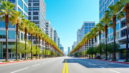 Obraz premium a street in Santa Monica, California, with modern buildings and palm trees on the right side of an empty road, clear blue sky, California, Santa Monica, downtown, Los Angeles, sunny day