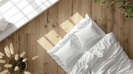 Cozy Minimalist Bedroom with White Bedding and Natural Wooden Flooring in Sunlit Space