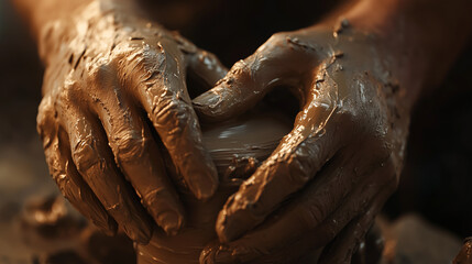 Close-up of hands shaping clay in pottery process