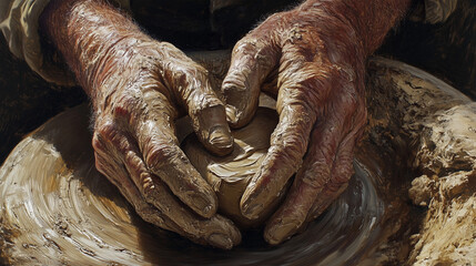 Close-up of hands shaping clay in pottery process