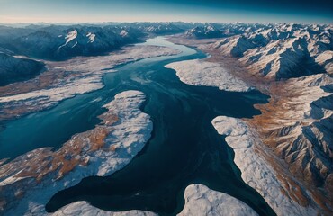 Aerial view of a glacial river flowing through mountains at dawn amidst snow-capped peaks and lush valleys in New Zealand