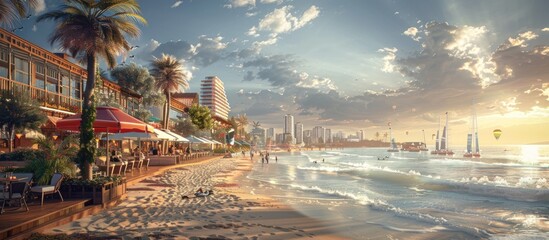 Sunset over a beachside city with palm trees, restaurants, and people enjoying the day.