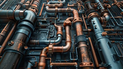 Complex Network of Pipes Displaying Copper, Steel, and Plastic Textures for Commercial Design