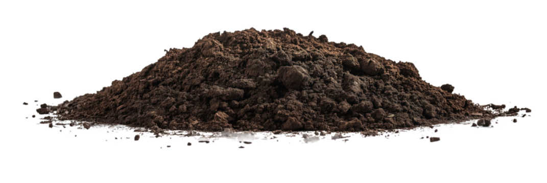 Dark brown soil mound on light gray background. Soil is possibly clay, slightly tilted for depth and perspective. Soil mound is isolated, with no text or objects nearby. Transparent alpha mask.