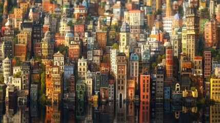 Obraz premium A colorful cityscape with buildings reflected in water, creating a sense of depth and vibrancy.