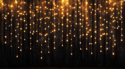 Vertical strands of twinkling yellow LED lights create a festive curtain effect, resembling strings of Christmas fairy lights.