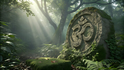 Naklejka premium Ancient stone with Om symbol in a lush forest, serene atmosphere, sunlight filtering through trees
