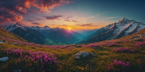 A breathtaking sunset over the mountains with blooming wildflowers in a lush valley during the early evening hours