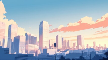 Fototapeta premium Modern urban skyline at sunset with vibrant pastel colors