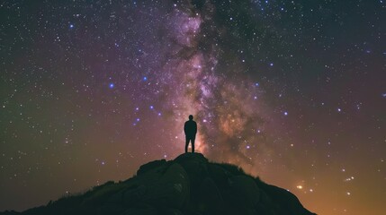 Fototapeta premium Explorer Admiring the Milky Way on Mountain Ridge Under Starry Night Sky