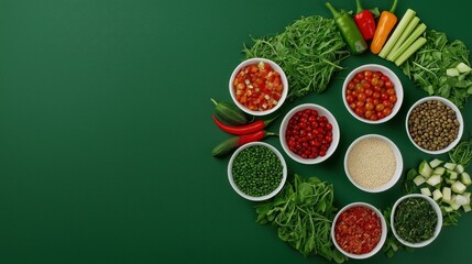 A colorful round arrangement of fresh vegetables, herbs, and grains prepared for a healthy meal on a vibrant green background