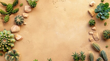Sand background bordered by various cacti and stones, flat lay composition, copy space for text, nature-inspired, desert-themed, minimalistic and rustic design, botanical layout.

