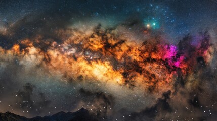 Obraz premium A breathtaking view of the Milky Way galaxy with vibrant colors and a vast expanse of stars, stretching across the night sky.