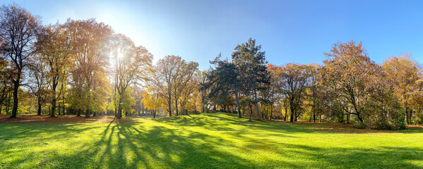 Building land for new construction project on green sunny meadow in autumn, plot for construction area with modern residential buildings and detached houses © ah_fotobox