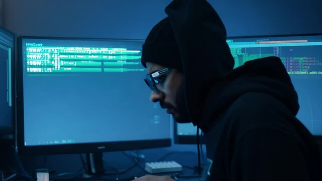Hacker working on multiple computer screens