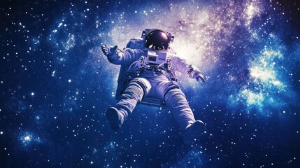 An astronaut floats weightlessly in space against a backdrop of a vast nebula.