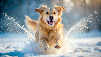 A joyful golden retriever plays in fresh snow, splashing through the white landscape under bright sunlight.