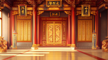 Traditional chinese palace interior design with golden and red decor. Imperial Chinese Palace. Illustration