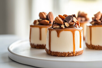 Mini caramel cheesecakes with almond and chocolate topping