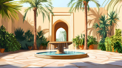 Fototapeta premium Traditional courtyard with stone fountain and palm trees. Arabic Courtyard Fountain. Illustration