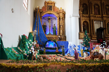 Close up of a Catholic nativity scene in the Metropolitan Cathedral of Tunja.