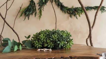 Stylish indoor plants arranged on a rustic wooden table with a textured wall in the background, creating a serene and natural home decor ambiance.