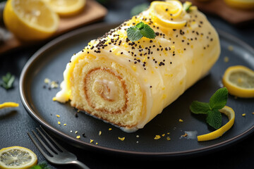 Lemon roll cake with cream and lemon zest