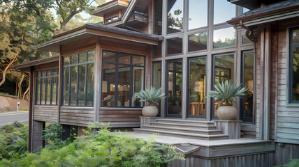 Fototapeta premium Elegant open doors leading to a serene indoor garden, framed by modern architecture and lush greenery, creating a tranquil retreat with natural light pouring in.