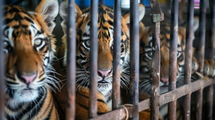 Captive Tigers in Cages Highlighting Wildlife Trade Issues