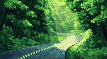   A painting of a road in a forest with a bright light overhead