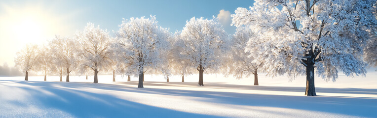 Obraz premium A tranquil winter landscape featuring snow-covered trees basking in the soft glow of morning light in a serene forest setting